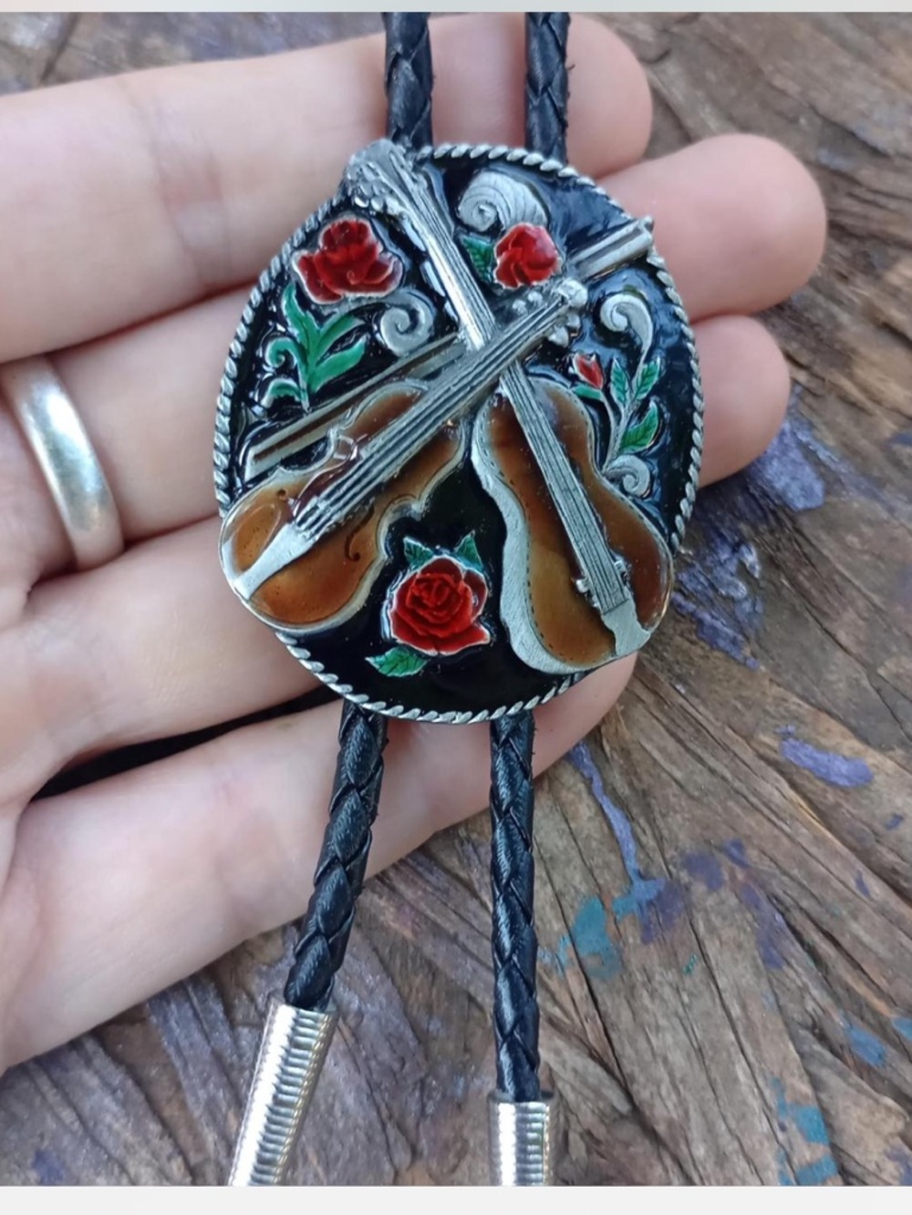 Black Braided Bolo Tie Necklace with Hand-Painted Floral and Guitar Slide - Picture 4 of 5